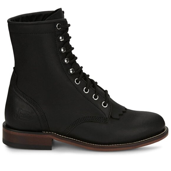Justin SZ 8 Mckean 7" Black Leather Lace-Up Roper Boot Cottage Western Prairie - Picture 3 of 15